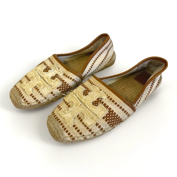 Tory Burch Shoes - Tory Burch Shaw Flat Espadrille Sandals Slip On Logo Beige US Size 8 Women